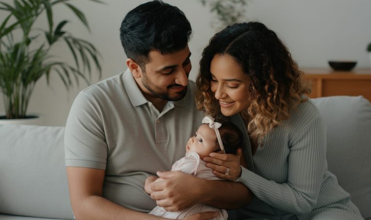 Young diverse couple holds their infant daughter in a warm, comfortable living room. caucasian female and hispanic male embrace their baby with affection, surrounded by lush green plants and soft furnishings, embodying family love and connection.