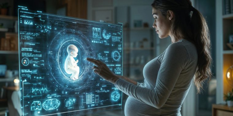A pregnant woman looks at a holographic screen showing her baby. She touches the screen and the baby appears to be in a hospital. Concept of hope and anticipation for the baby's arrival.